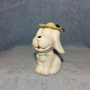 Vintage Kitsch Anthropomorphic Ceramic White Puppy Dog Figurine Straw Hat Bow